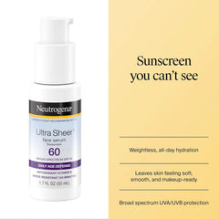 Neutrogena, Ultra Sheer Face Sunscreen with Vitamin E and SPF 60, Sunscreen for Face with Broad Spectrum Uva/Uvb Protection, Fragrance-Free, Oxybenzone-Free, Water-Resistant (80 minutes), 50.3 mL
