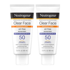Neutrogena Clear Face Sunscreen Lotion for Acne-Prone Skin, Broad Spectrum SPF 50 Facial Sunscreen for Oily Skin, Oil-, Fragrance- & Oxybenzone-Free Water Resistant Sunscreen, Twin Pack, 2 x 3 fl. oz