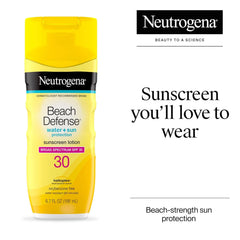 Neutrogena Sunscreen Lotion Beach Defense SPF 30, Face and Body Sunscreen, Hawaii Reef Act 104 Compliant, Octinoxate & Oxybenzone Free, Fast Absorbing Sun Care, 6.7 fl. oz