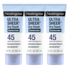Neutrogena Ultra Sheer Dry-Touch Sunscreen For Face & Body, SPF 45 Broad Spectrum UVA/UVB Protection, Lightweight Water Resistant & Non-Greasy, Travel Size Sunscreen, 3 fl. oz Pack of 3