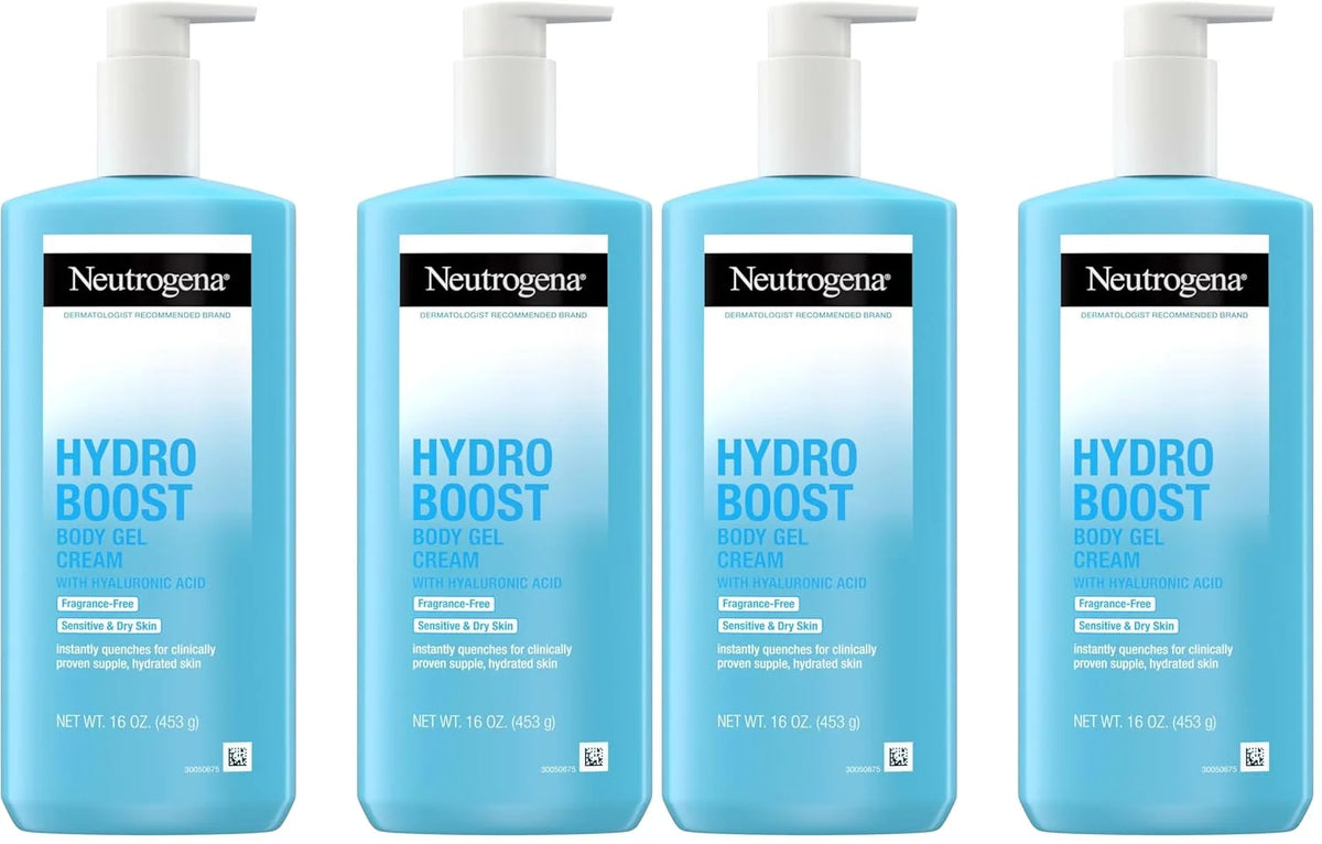 Neutrogena Hydro Boost Body Gel Cream,Hydrating Body Lotion with Hyaluronic Acid for Sensitive Skin,Fragrance-Free Hyaluronic Acid Moisturizer,16 oz,(Pack of 4)