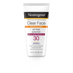 Neutrogena Clear Face Sunscreen for Acne-Prone Skin SPF 30, Broad Spectrum Facial Sunscreen Lotion, Lightweight, Non Comedogenic, Oil-, Fragrance- & Oxybenzone-Free Water Resistant (80 min), 3 fl. oz