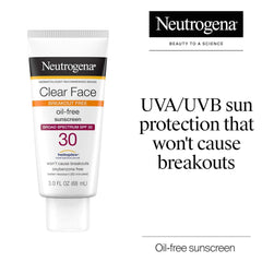 Neutrogena Clear Face Sunscreen for Acne-Prone Skin SPF 30, Broad Spectrum Facial Sunscreen Lotion, Lightweight, Non Comedogenic, Oil-, Fragrance- & Oxybenzone-Free Water Resistant (80 min), 3 fl. oz