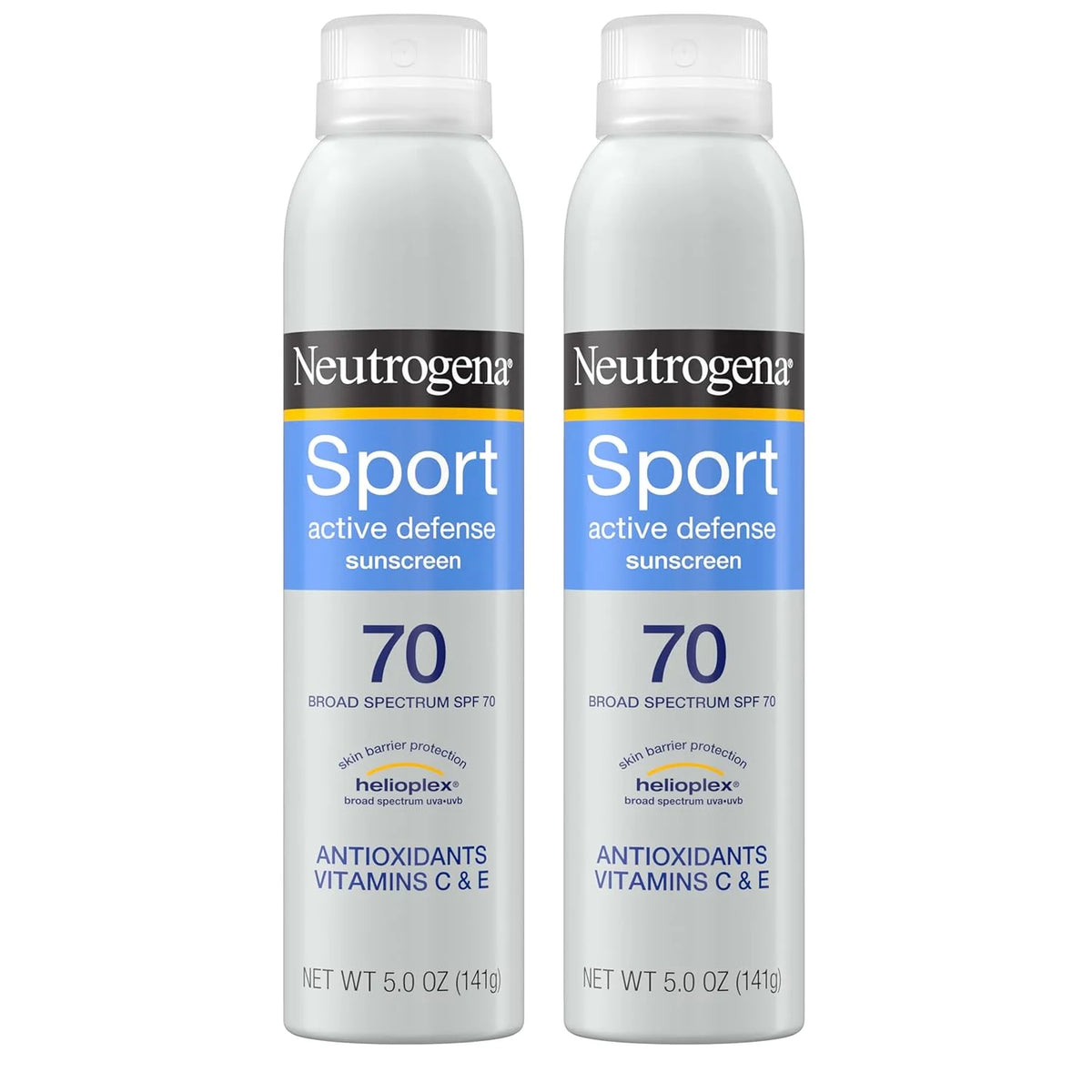 Neutrogena Sport Active Defense SPF 70 Sunscreen Spray, Sweat & Water Resistant Spray Sunscreen with Broad Spectrum Protection for Sunburn Prevention, Oxybenzone-Free, Twin Pack, 5 oz, 2 Pack