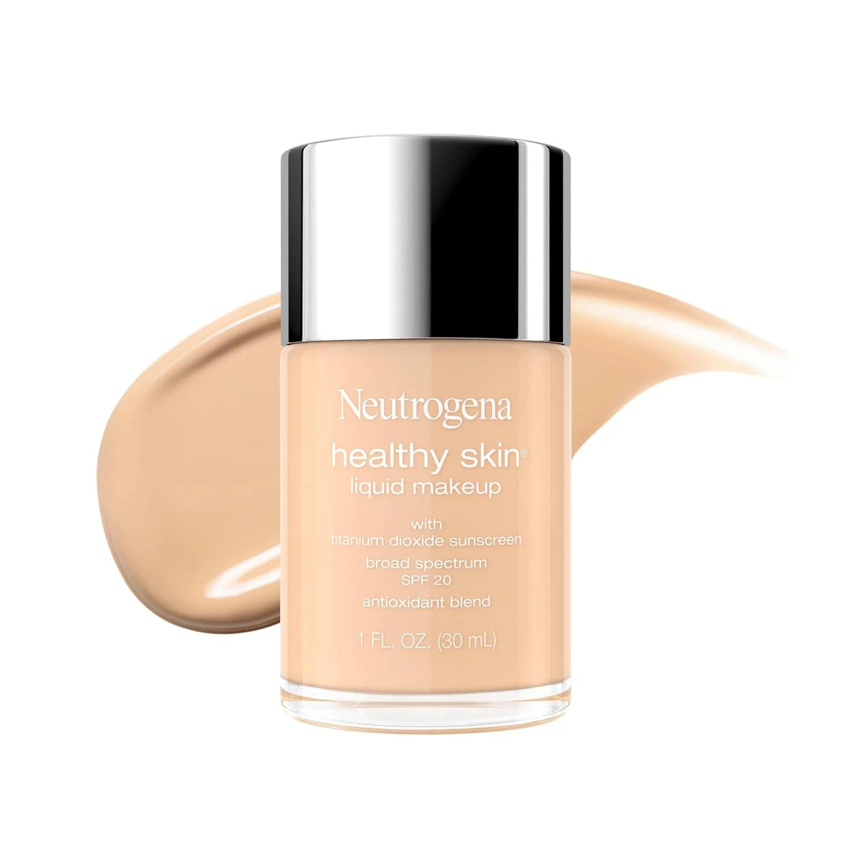 Neutrogena Healthy Skin Liquid Foundation Makeup Broad Spectrum SPF 20 Sunscreen, Medium Coverage, Vit B5, Antioxidants, All Day Wear, True Beige 200N, 1 fl. oz