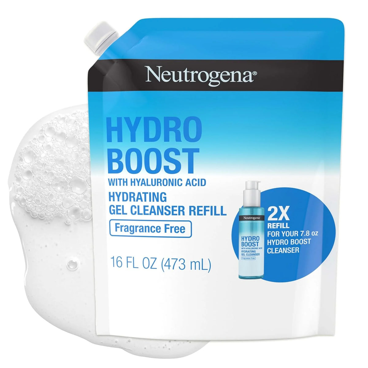 Neutrogena Hydro Boost Fragrance Free Hydrating Gel Facial Cleanser with Hyaluronic Acid, Daily Foaming Face Wash & Makeup Remover, Gentle Face Wash, Non-Comedogenic, Refill Pouch, 16 fl. oz