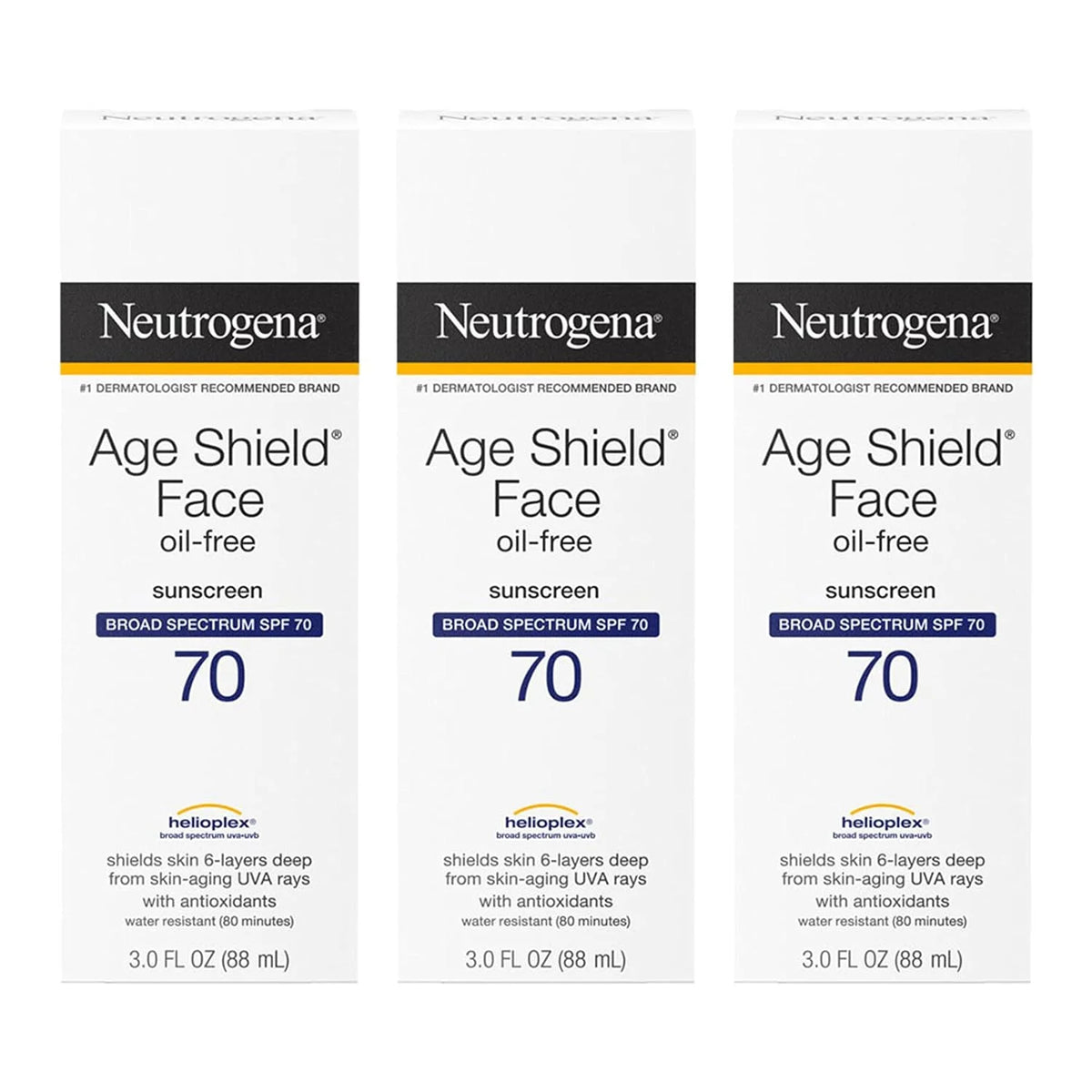 Neutrogena Age Shield Face Oil-Free Sunscreen Lotion with Broad Spectrum SPF 70, Non-Comedogenic Moisturizing Sunscreen to Help Prevent Signs of Aging, PABA-Free, 3 fl. oz (Pack of 3)