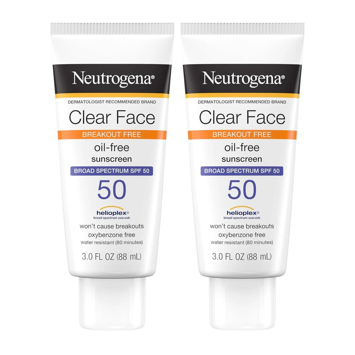 Neutrogena Clear Face Sunscreen Lotion for Acne-Prone Skin, Broad Spectrum SPF 50 Facial Sunscreen for Oily Skin, Oil-, Fragrance- & Oxybenzone-Free Water Resistant Sunscreen, Twin Pack, 2 x 3 fl. oz