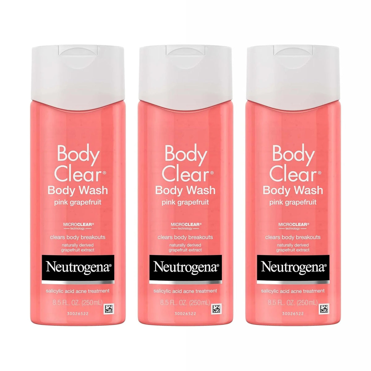 Neutrogena Body Clear Acne Body Wash Pink Grapefruit - Salicylic Acid Formula for Breakout Treatment, Exfoliating Cleanser for Clear Skin, 8.5 fl. oz. Bottle, 3-Pack