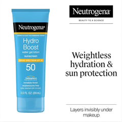Neutrogena Hydro Boost Water Gel Sunscreen SPF 50, Hydrating & Water‑Resistant Face & Body Sunscreen Lotion, Non‑Greasy, Broad Spectrum, Lightweight Moisturizer, 3 fl oz