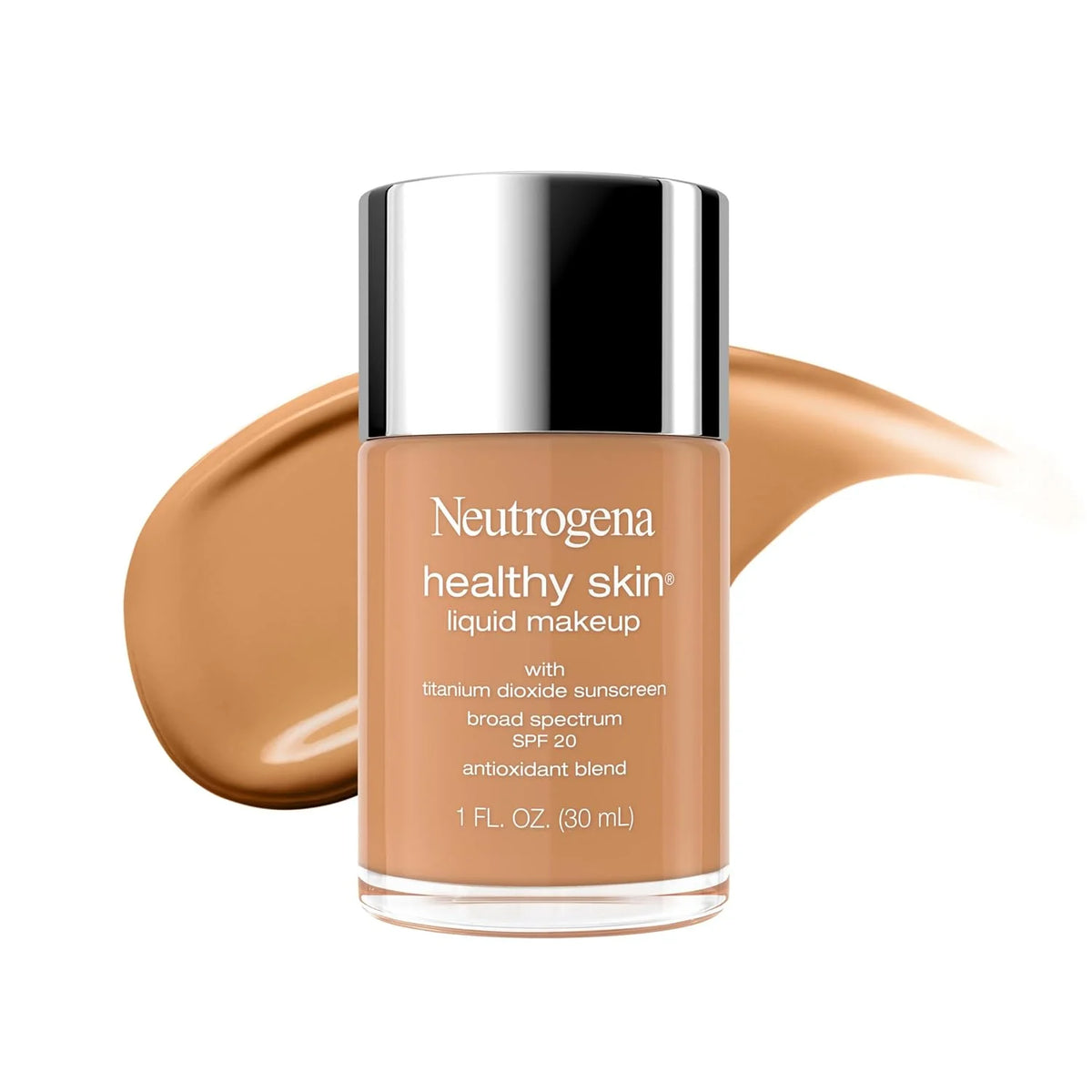 Neutrogena Healthy Skin Liquid Foundation Makeup Broad Spectrum SPF 20 Sunscreen, Medium Coverage, Vit B5, Antioxidants, All Day Wear, Golden Tan 410W, 1 fl. oz