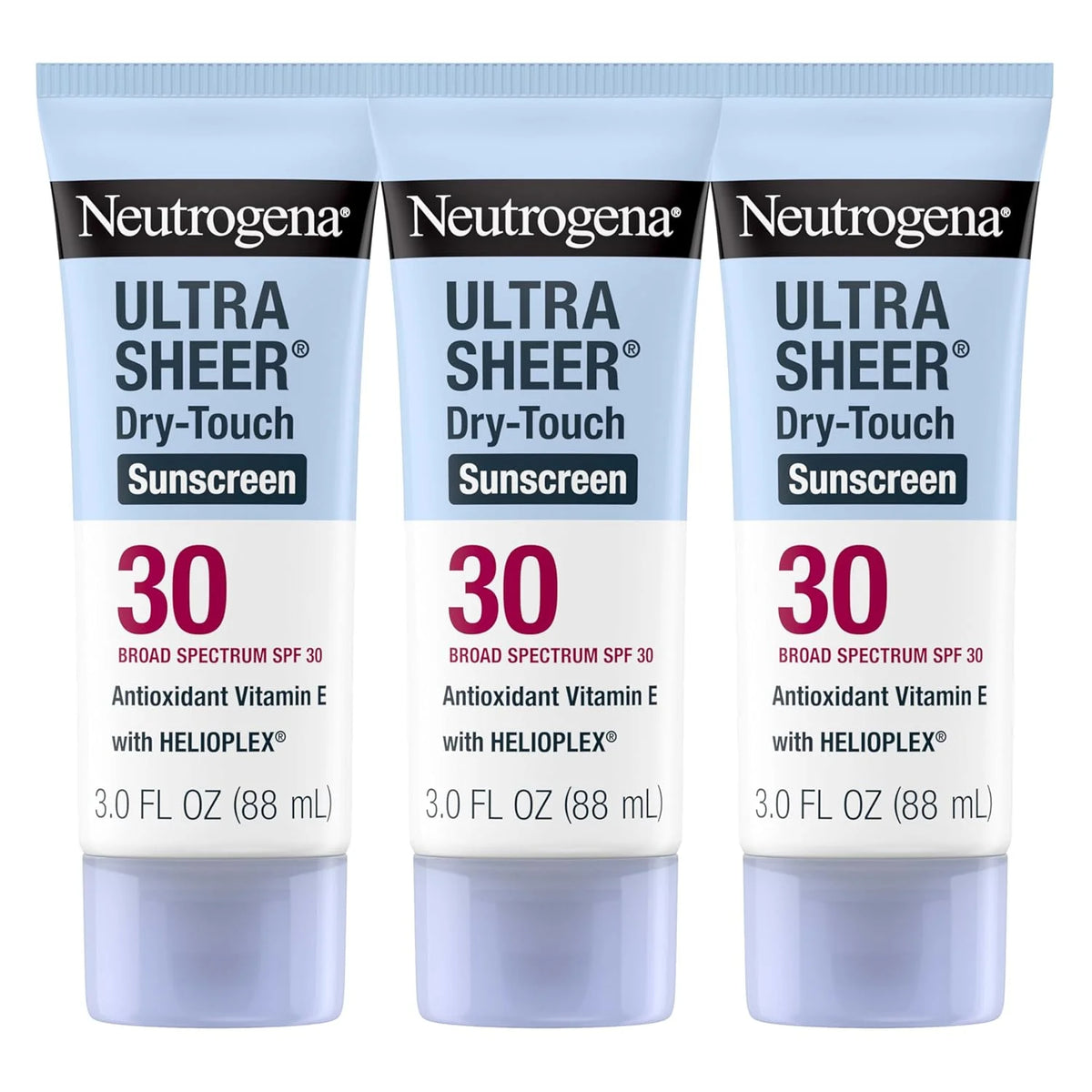 Neutrogena Ultra Sheer Dry-Touch Sunscreen SPF 30 for Face & Body, Lightweight Non Greasy, Broad Spectrum UVA/UVB, No White Cast, Water Resistant (80 Min) Travel Sunscreen Lotion, 3 fl oz, Pack of 3