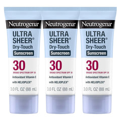 Neutrogena Ultra Sheer Dry-Touch Sunscreen SPF 30 for Face & Body, Lightweight Non Greasy, Broad Spectrum UVA/UVB, No White Cast, Water Resistant (80 Min) Travel Sunscreen Lotion, 3 fl oz, Pack of 3