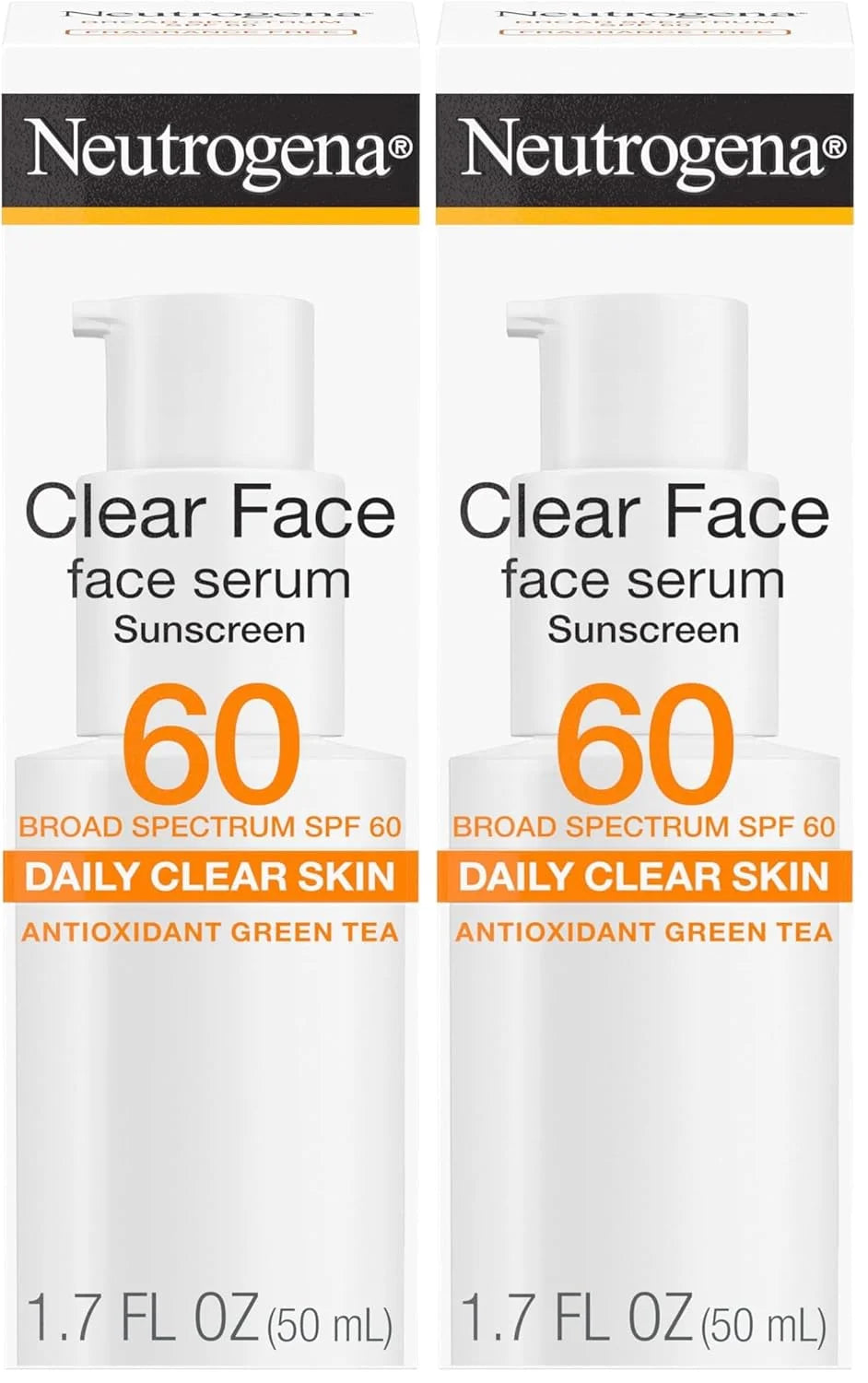 Neutrogena Clear Face Serum Sunscreen with Green Tea,Broad Spectrum SPF 60,Non-Comedogenic Face Sunscreen for Lightweight UVA/UVB Protection,Oxybenzone- & Fragrance-Free,1.7 fl. oz,(Pack of 2)