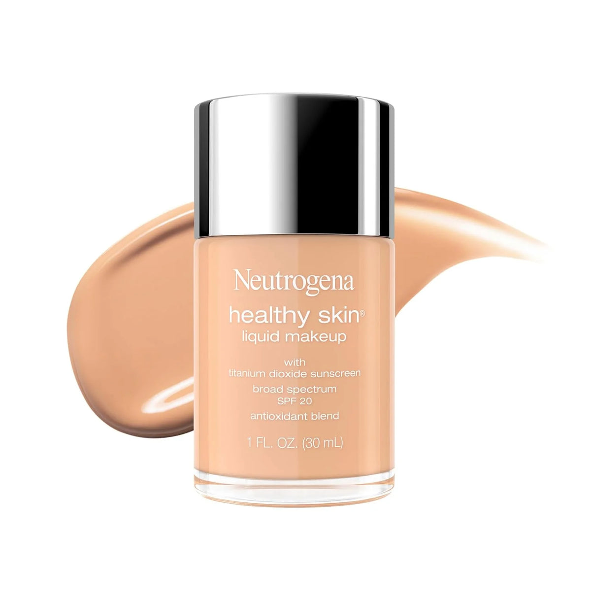 Neutrogena Healthy Skin Liquid Foundation Makeup Broad Spectrum SPF 20 Sunscreen, Medium Coverage, Vit B5, Antioxidants, All Day Wear, Shell Beige 320C, 1 fl. oz