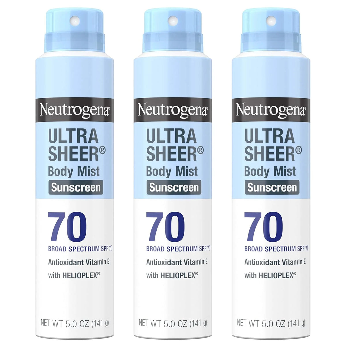 Neutrogena Ultra Sheer Dry Touch Sunscreen Spray SPF 70 Broad Spectrum UVA UVB Protection Lightweight Water Resistant up to 80 Minutes PABA Oxybenzone Free, 3-pack of 5 oz