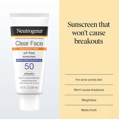 Neutrogena Clear Face Sunscreen Lotion SPF 50 for Acne-Prone Skin Broad Spectrum UVA UVB Protection Oil-Free No-Fragrance No-Oxybenzone Water-Resistant Daily Face Moisturizer, 3 fl oz