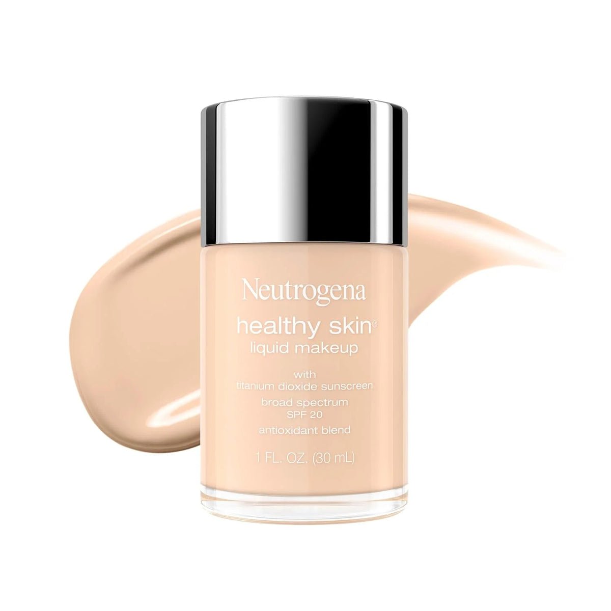 Neutrogena Healthy Skin Liquid Foundation Makeup Broad Spectrum SPF 20 Sunscreen, Medium Coverage, Vit B5, Antioxidants, All Day Wear, Neutral Ivory 140N, 1 fl. oz