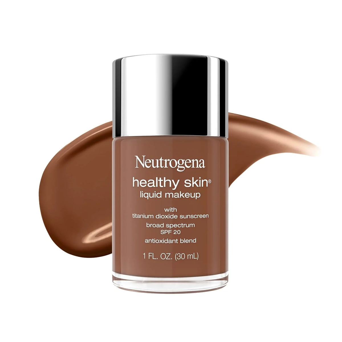 Neutrogena Healthy Skin Liquid Foundation Makeup Broad Spectrum SPF 20 Sunscreen, Medium Coverage, Vit B5, Antioxidants, All Day Wear, Cool Chestnut 520C, 1 fl. oz