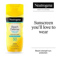 Neutrogena Sunscreen Lotion Beach Defense SPF 50, Face and Body Sunscreen, Hawaii Reef Act 104 Compliant, Octinoxate & Oxybenzone Free, Fast Absorbing Sun Care, 6.7 fl oz