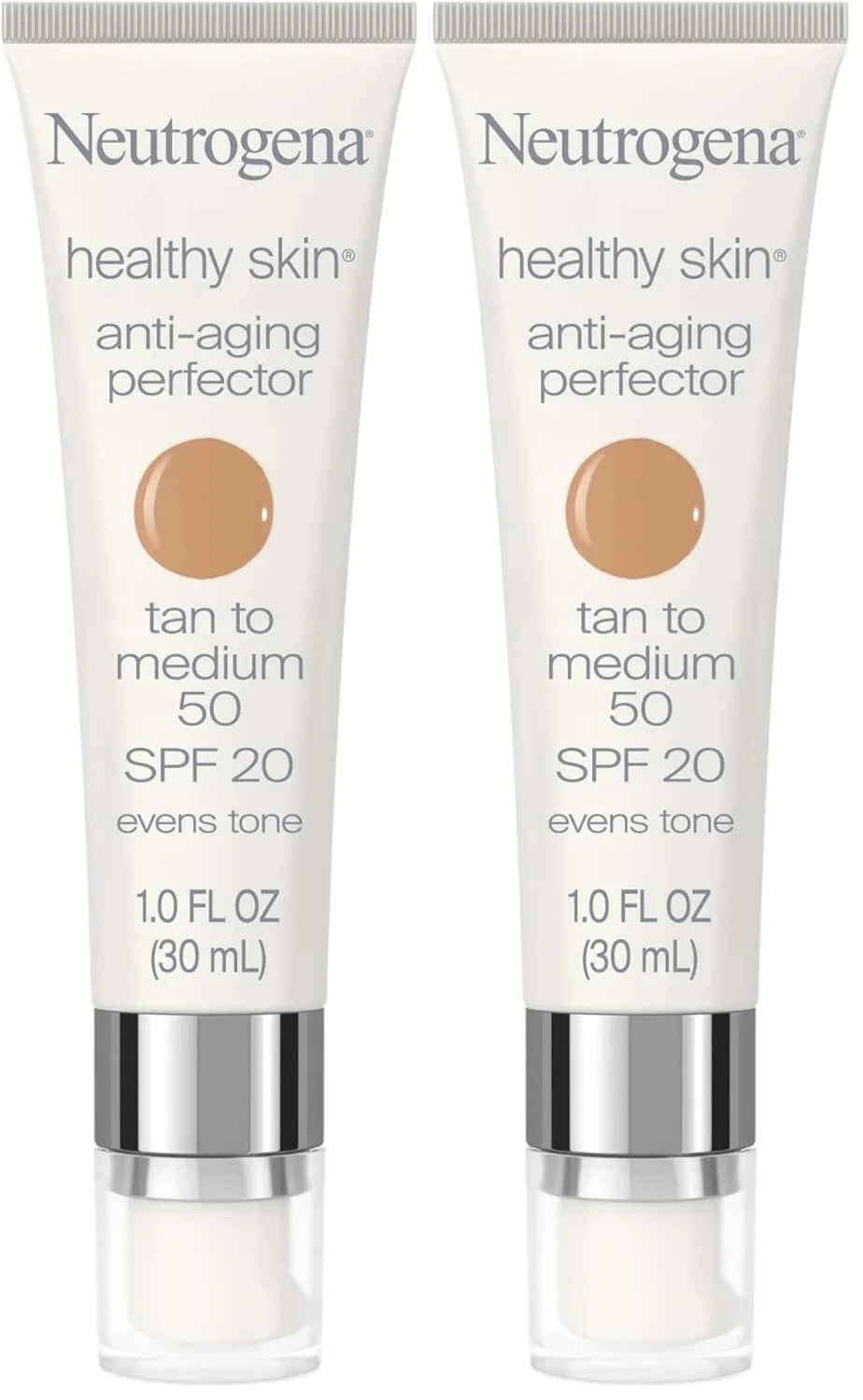 Neutrogena Healthy Skin Anti-Aging Perfector Tinted Facial Moisturizer and Retinol Treatment with Broad Spectrum SPF 20 Sunscreen with Titanium Dioxide, 50 Tan to Medium, 1 fl. oz (Pack of 2)