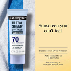 Neutrogena Ultra Sheer Dry Touch Sunscreen Lotion SPF 70 Broad Spectrum UVA UVB Protection Lightweight Water Resistant up to 80 Minutes Oil PABA Oxybenzone Free, 3 fl oz