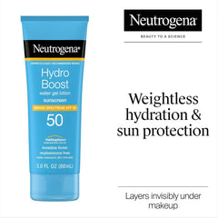 Neutrogena Hydro Boost Water Gel Sunscreen SPF 50, Oil‑Free Hydrating & Water‑Resistant Face & Body Sunscreen Lotion, Non‑Greasy, Broad Spectrum, Lightweight Moisturizer, 3 fl oz